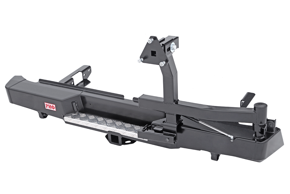 Бампер РИФ силовой задний Toyota Hilux 2015+ с квадратом под фаркоп, калиткой, подсветкой номера