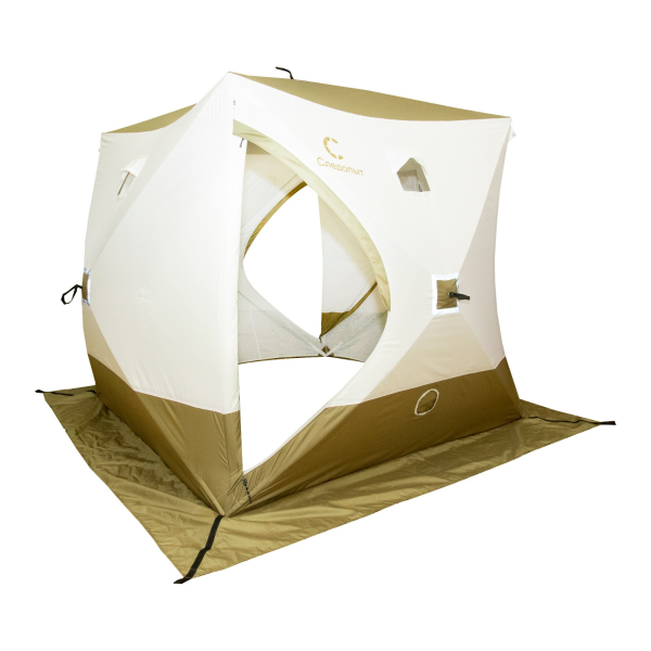 Палатка зимняя куб СЛЕДОПЫТ "Premium" 2,1х2,1 м, 3 слоя, 2 двери, цв. оливковый/белый