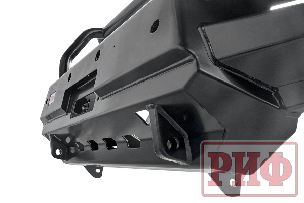 Бампер РИФ силовой передний Mitsubishi Pajero Sport 2015-2020 под доп. фары и парктроники, с защитной дугой и защитой бачка омывателя (фары в комплект не входят)