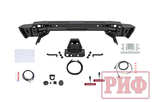 Бампер РИФ силовой задний Toyota Land Cruiser 200 2012-2015 с квадратом под фаркоп и фонарями, стандарт