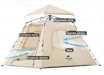 Палатка Naturehike Ango 3-местная, быстросборная, снежная юбка, бежевая