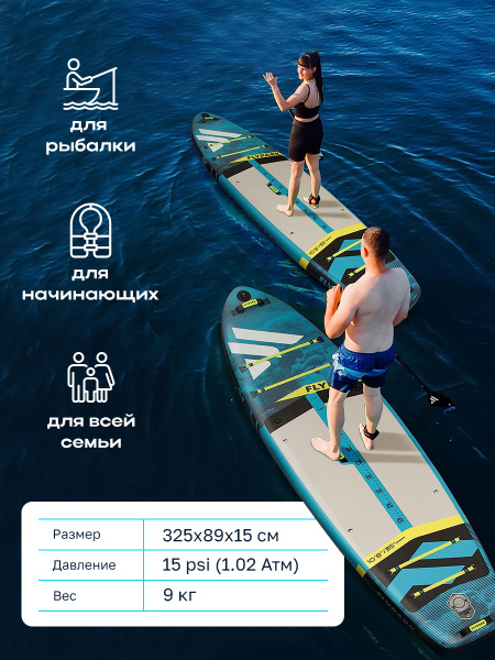 Сапборд надувной FLYPARK FISHING 325x89x15 см бирюзовый-серый-синий