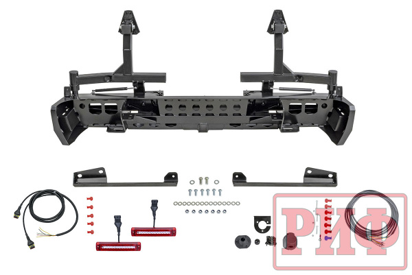 Бампер РИФ силовой задний Toyota Tundra 2007-09.2013 с квадратом под фаркоп, 2-мя калитками, фонарями, подсветкой номера