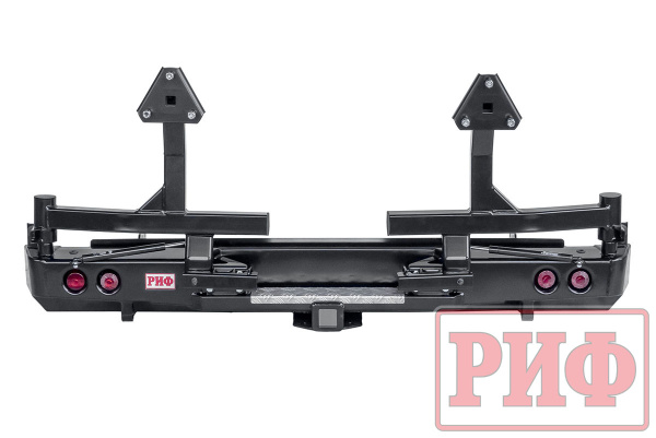 Бампер РИФ силовой задний Isuzu D-MAX (2012-2020) с квадратом под фаркоп, 2-мя калитками, фонарями, подсветкой номера, стандарт