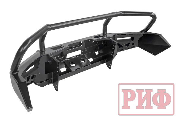 Бампер РИФ силовой передний Mitsubishi Pajero Sport 2015-2020 под доп. фары, с защитной дугой и защитой бачка омывателя (фары в комплект не входят)