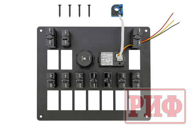 Панель монтажная для 10 переключателей с индикацией, с вольтметром, с розеткой 12В
