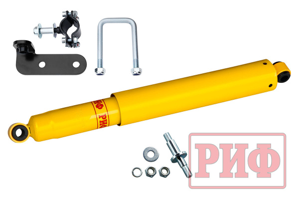 Демпфер РИФ рулевой с кронштейнами УАЗ Патриот, Профи 2019+ для стандартной подвески Демпфер РИФ рулевой с кронштейнами УАЗ Патриот, Профи 2019+ для стандартной подвески