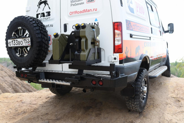 Бампер РИФ задний ГАЗ Соболь с квадратом под фаркоп, 2-мя калитками и фонарями