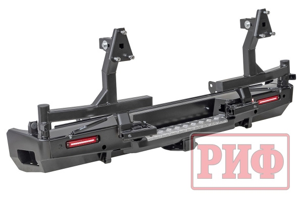 Бампер РИФ силовой задний Toyota Tundra 07-13 с квадратом под фаркоп, 2-мя калитками и фонарями