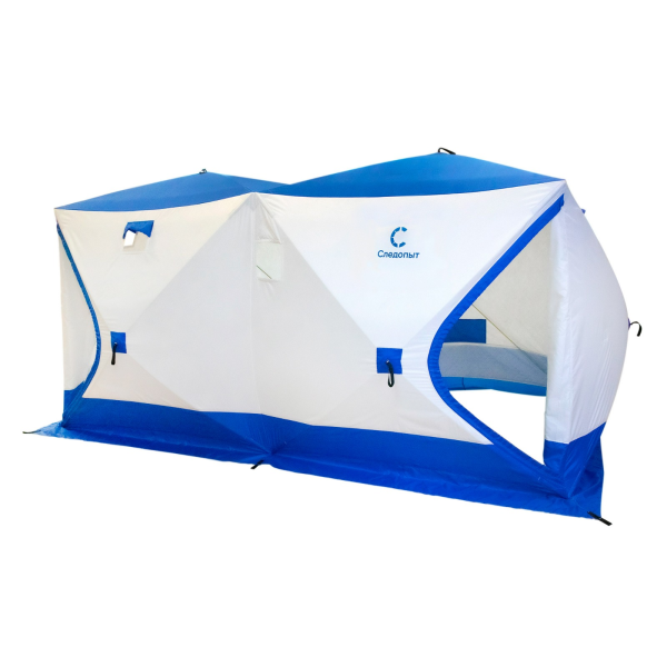 Палатка зимняя куб СЛЕДОПЫТ, 3,8х1,9 м, 2-комнатная, 3 слоя , синий/белый