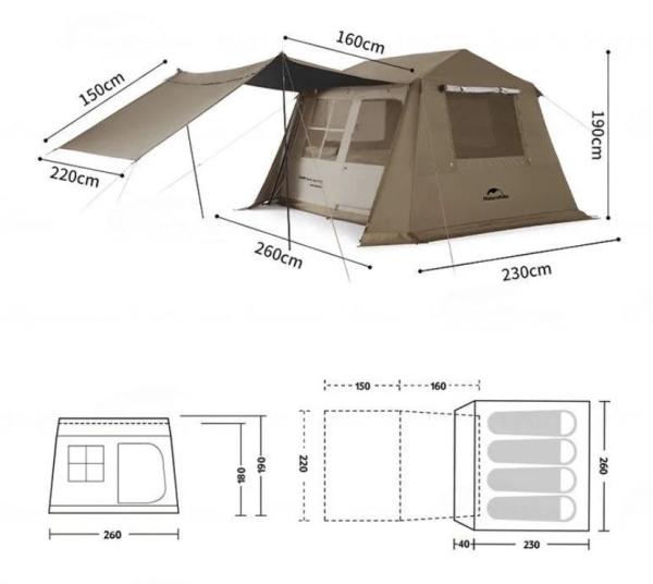 Палатка Naturehike Village 6.0 II поколения 4-местная, быстросборная, коричневая