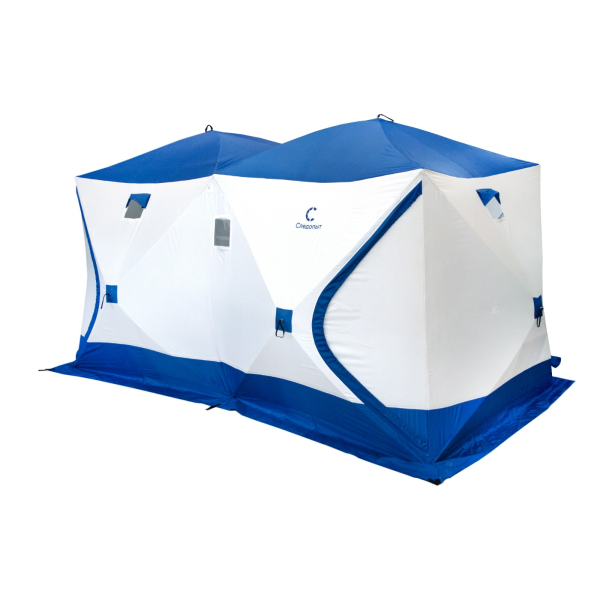 Палатка зимняя куб СЛЕДОПЫТ, 3,8х1,9 м, 2-комнатная, 3 слоя , синий/белый